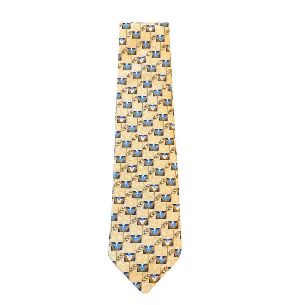 Ermenegildo Zenga Men’s Tie Yellow Blue Ivory Feathers 100% Silk 4” Italian EUC